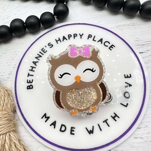 Acrylic Owl Badge Reel: Glitter Resin Pediatric ID Holder