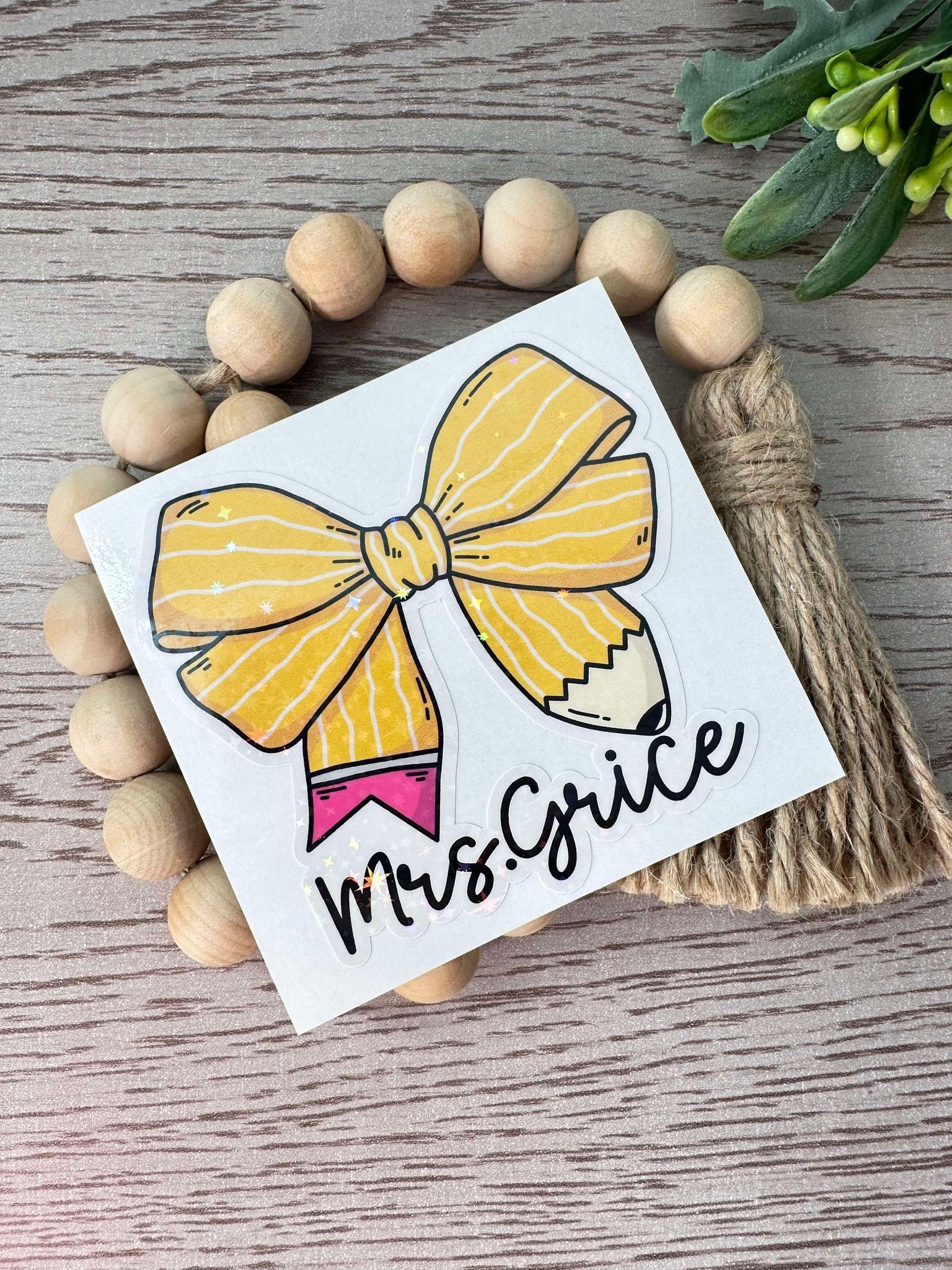 Teacher sticker, holographic waterproof personalized sticker for teacher, pencil bow sticker, sparkly sticker for laptop, tumblers, and more