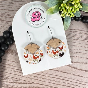 Chicken earrings, wood and acrylic chicken dangle earrings, statement earrings, gifts for women, chicken gifts, stainless steel wire hooks