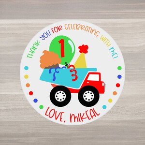 Birthday dump truck thank you stickers, dump truck party favors, dump truck favor bag stickers, personalized truck birthday stickers