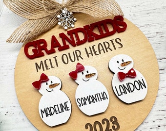 Grandkids ornament, personalized ornament with grandchildren, snowman family ornament, Christmas gift for grandparents