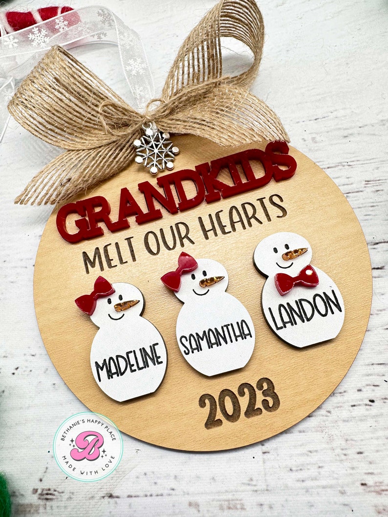 Grandkids ornament, personalized ornament with grandchildren, snowman family ornament, Christmas gift for grandparents image 1