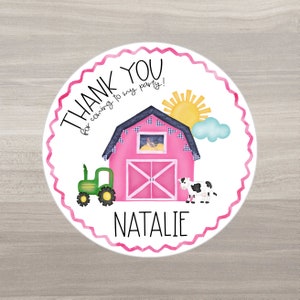 Pink farm birthday thank you stickers, personalized farm birthday stickers, personalized thank you stickers, farm favor bag stickers