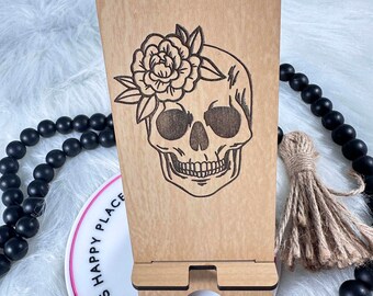 Engraved Floral Skull Wood Phone Stand: Personalized Desk Decor