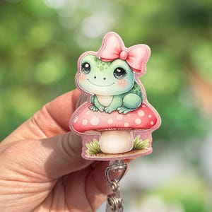 Cute frog on mushroom retractable badge reel, frog badge reel, medical ID holder, frog gifts, frog acrylic badge topper, mushroom frog