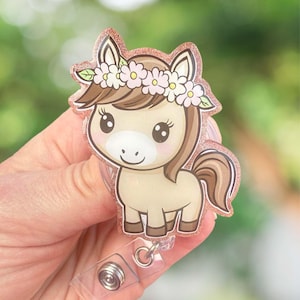 Horse with Flower Crown Retractable Badge Reel: Nurse ID Holder