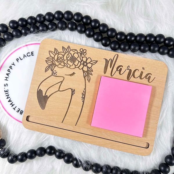 Flamingo sticky note holder, flamingo gifts, wood engraved pen and sticky note holder, personalized flamingo gifts, teacher gifts