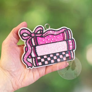 Pink and black book stack freshie, bookish air freshener for car
