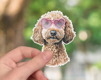 Valentine Goldendoodle sticker, trendy sticker, cute goldendoodle with heart glasses sticker, waterproof holographic sticker for laptops