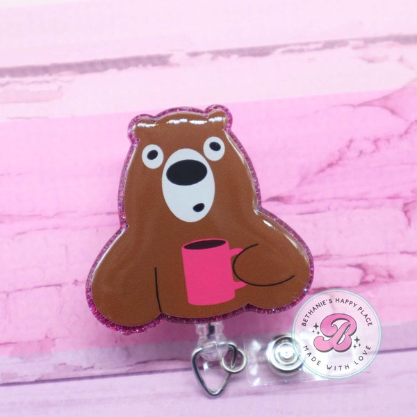 Bear badge reel, coffee bear badge reel, bear with coffee, sleepy bear badge reel, bear badge holder, cute badge clip, retractable