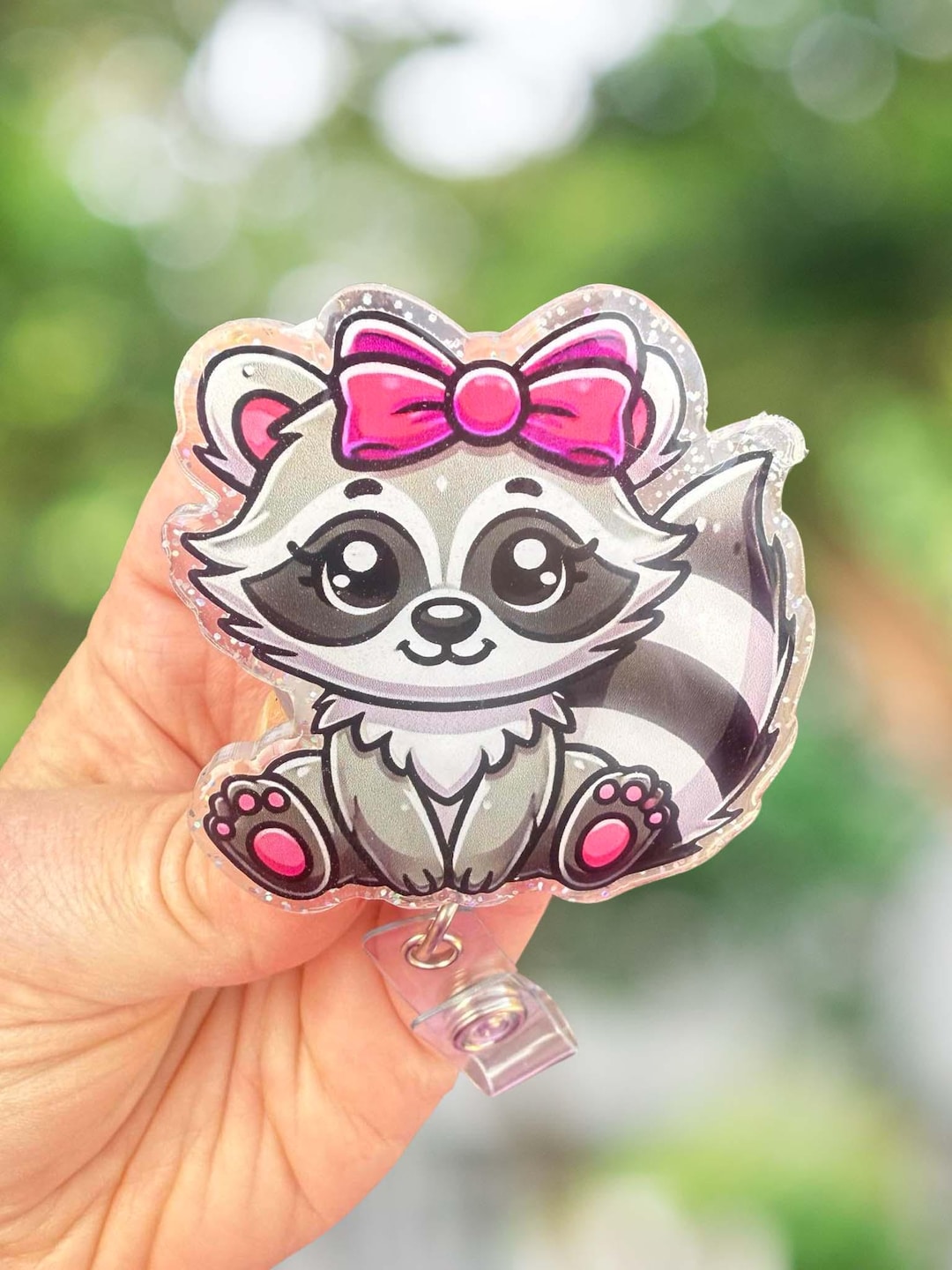 Raccoon With Pink Bow Badge Reel, Cute Raccoon Badge Holder, Nurse ID ...