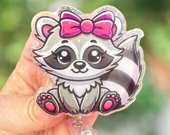 Raccoon with pink bow badge reel, cute raccoon badge holder, nurse ID holder, medical ID holder, raccoon gift, raccoon acrylic badge topper