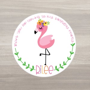 Flamingo thank you stickers, birthday party treat bag stickers, flamingo favor bag stickers, personalized flamingo birthday stickers
