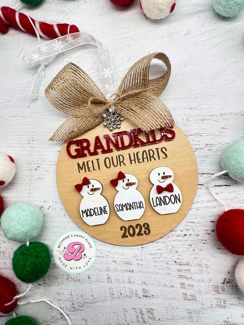 Grandkids ornament, personalized ornament with grandchildren, snowman family ornament, Christmas gift for grandparents image 3