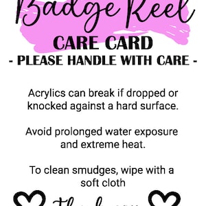 May include: The image features the words "Badge Reel" in a cursive font, with "CARE ON" in a block font, all set against a pink, brushstroke-style background. The text is in black, and the background is a vibrant pink.