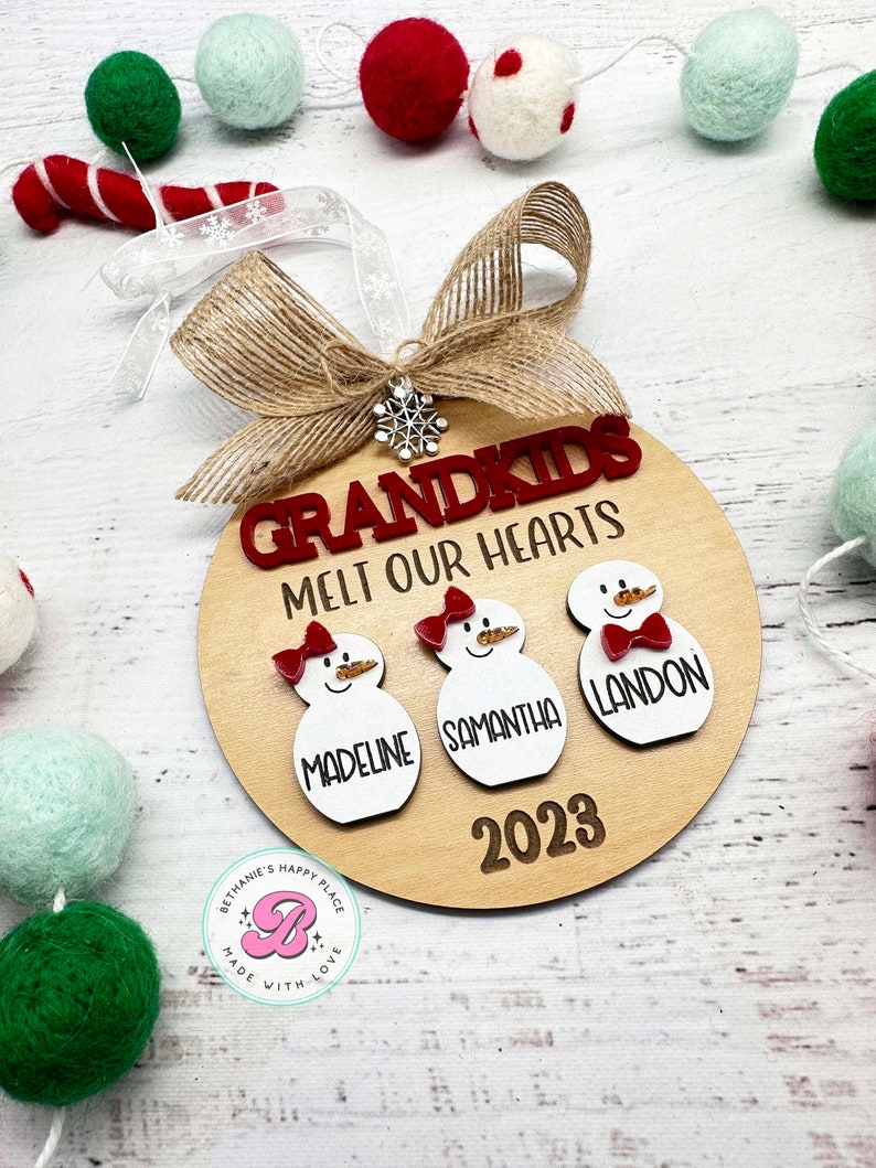 Grandkids ornament, personalized ornament with grandchildren, snowman family ornament, Christmas gift for grandparents image 2