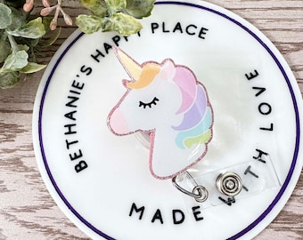 Unicorn Retractable Badge Reel: Glitter Acrylic ID Holder