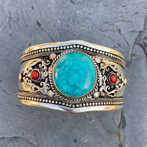Turquoise Cuff Bracelet Natural Turquoise Gemstone Bracelet Boho Cuff Handmade in Nepal Gift for Her #1