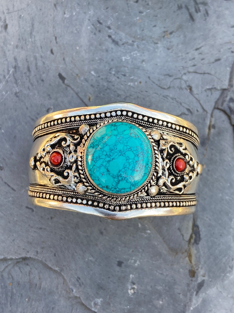 Turquoise Cuff Bracelet Natural Turquoise Gemstone Bracelet Boho Cuff Handmade in Nepal Gift for Her #1