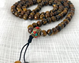 Premium Quality 8mm Tiger Eye Mala Beads Necklace with Tibetan Turquoise Counters , Meditation Japa Mala, Prayer Mala - Handmade in Nepal