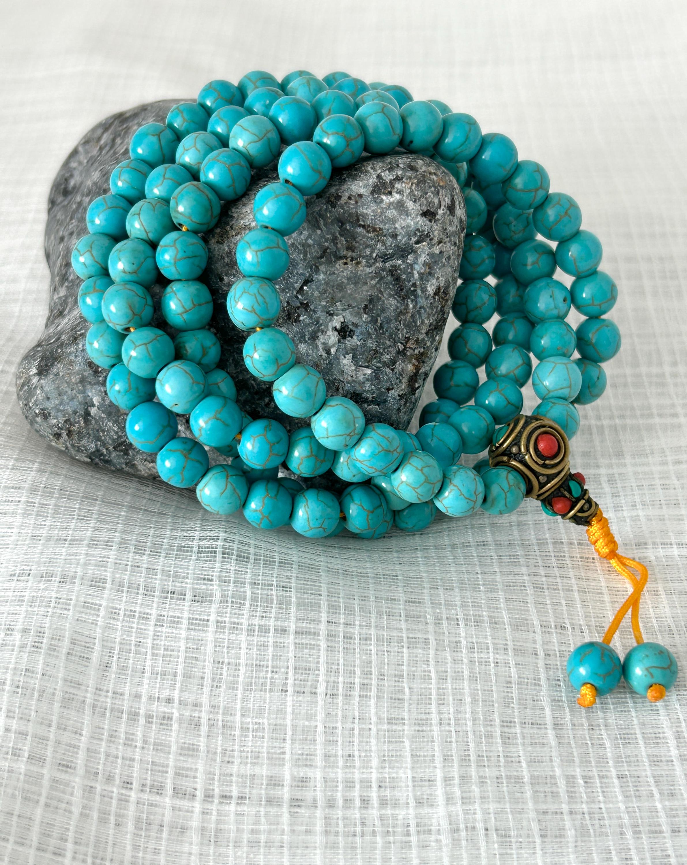 Collana Mala Perline Preghiera Turchese Howlite Bianca Buddista Tibet - Foto 4