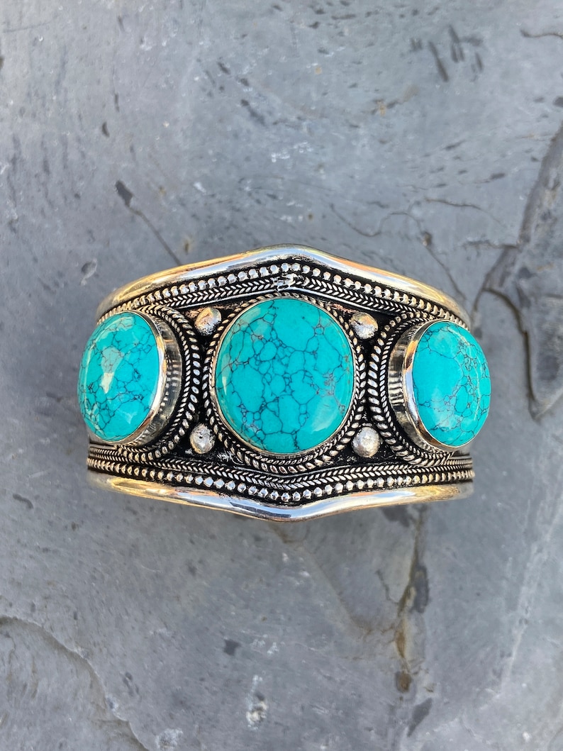 Turquoise Cuff Bracelet Natural Turquoise Gemstone Bracelet Boho Cuff Handmade in Nepal Gift for Her #3