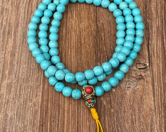 Turquoise Mala 8mm 108 Perles Mala Collier, Méditation Yoga Mala Japa Mala, Prière bouddhiste Mala
