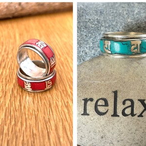 Turquoise Coral Spinner Ring | Om Mani Padme Hum &quot;MANTRA&quot; Spinning Wheel Prayer Meditation Worry Fidget Ring Band | Gift for Her