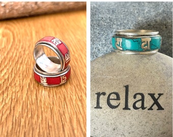 Bague Turquoise Coral Spinner | Om Mani Padme Hum « MANTRA » Rouet Prière Méditation Inquiétude Fidget Ring Band | Cadeau pour elle