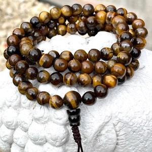 8mm 108 Tiger Eye Mala Beads Necklace | Meditation Mala Japa Mala | Buddhist Prayer Mala | Handmade in Nepal