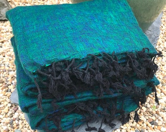 Peacock Green Yak Wool Blanket / Oversized Shawl/Throws/Yoga Meditation Blankets /Sofa Throw/Travel Throw/Camping Wrap/Handmade in Nepal
