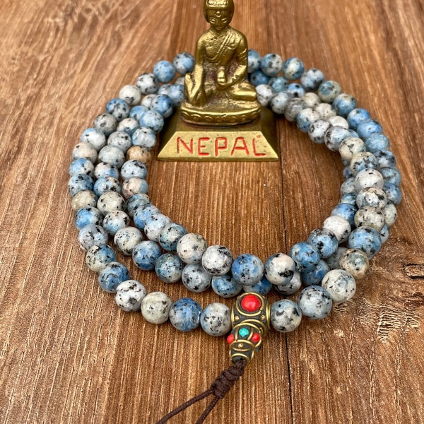 Natural Sodalite Mala Stone - 8mm 108 Beads Mala Necklace with Tibetan Turquoise Counters - Buddhist Prayer Mala - Reiki Healing