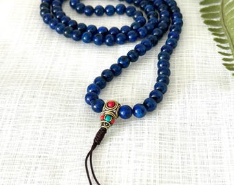 8mm Lapis Lazuli Stone Mala Beads Necklace with Tibetan Turquoise Counters , Meditation, Prayer Mala - Handmade in Nepal - Ideal for Gift