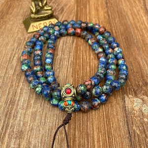 Chrysocolla Meditation Mala 8mm 108 Beads Mala Necklace with Tibetan Turquoise Counters , Prayer Mala