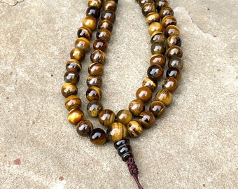 Premium Quality 8mm Tiger Eye Mala Beads Necklace with Tibetan Turquoise Counters , Meditation Japa Mala, Prayer Mala - Handmade in Nepal