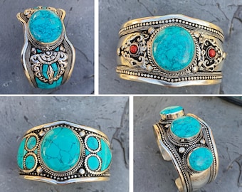 Turquoise Cuff Bracelet| Natural Turquoise Gemstone Bracelet| Boho Cuff | Handmade in Nepal - Gift for Her