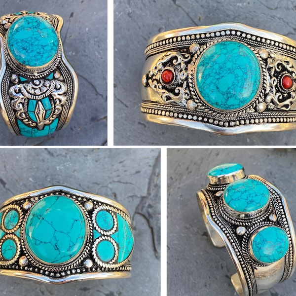 Turkoois manchetarmband| Natuurlijke turquoise edelsteenarmband| Boho manchet | Handgemaakt in Nepal - Cadeau voor haar