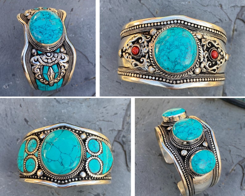 Turquoise Cuff Bracelet Natural Turquoise Gemstone Bracelet Boho Cuff Handmade in Nepal Gift for Her zdjęcie 1