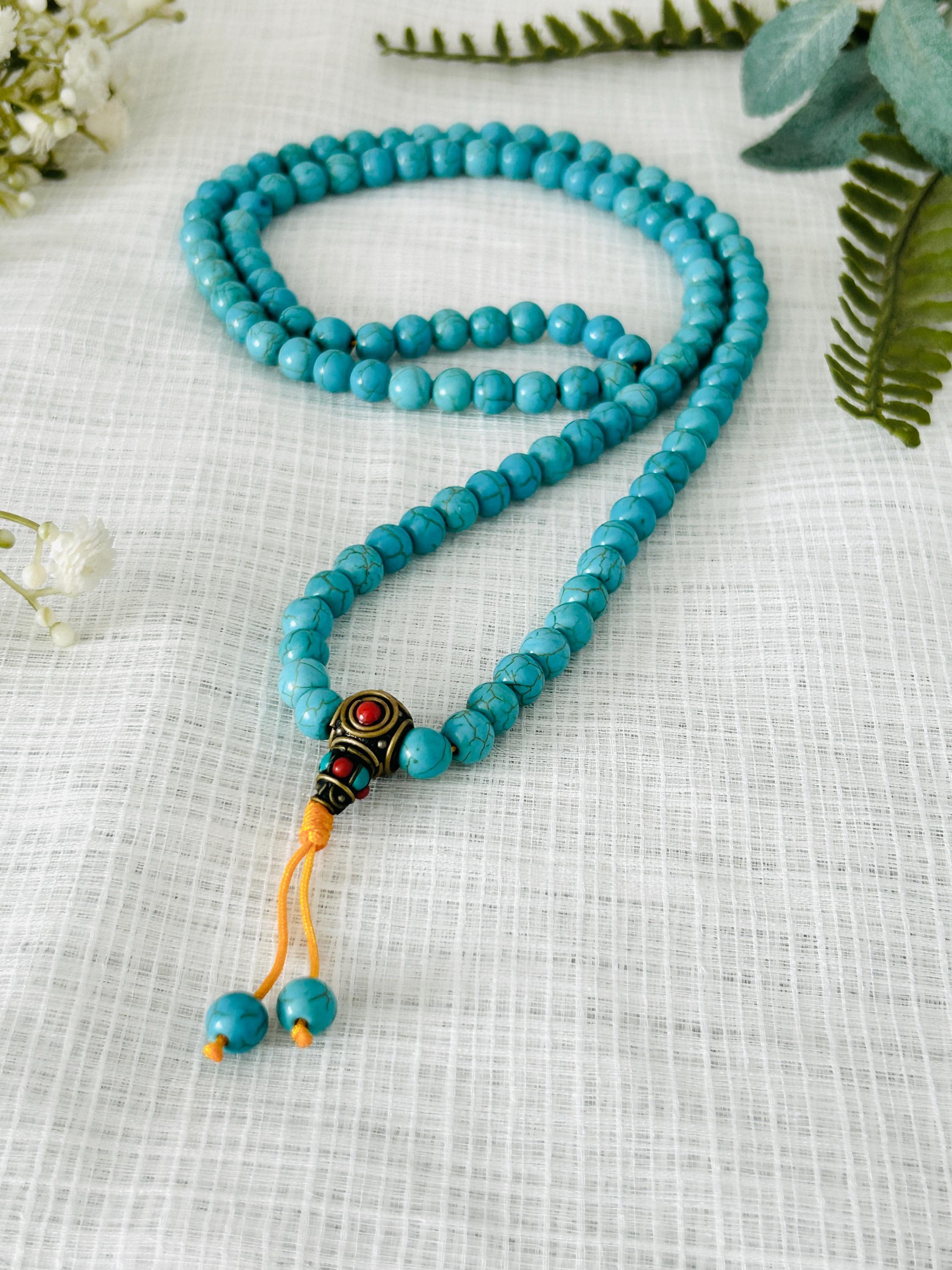 Collana Mala Perline Preghiera Turchese Howlite Bianca Buddista Tibet - Foto 5