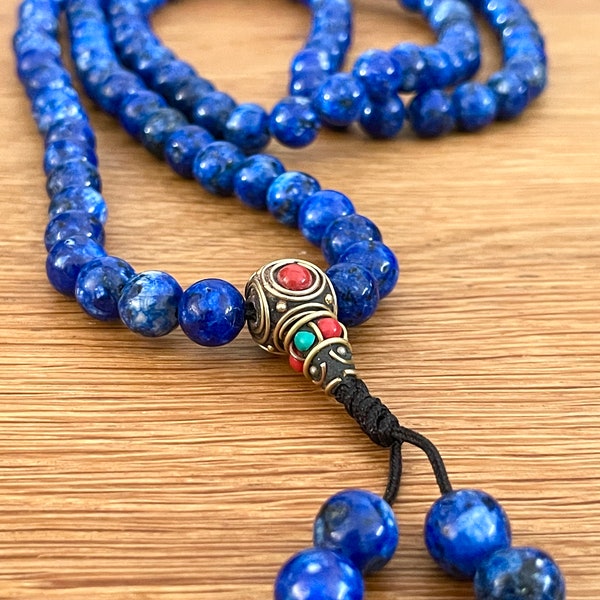 Lapis Lazuli Stone Mala Beads 8mm Necklace with Tibetan Turquoise Counters , Meditation Japa Mala, Prayer Mala - Handmade in Nepal