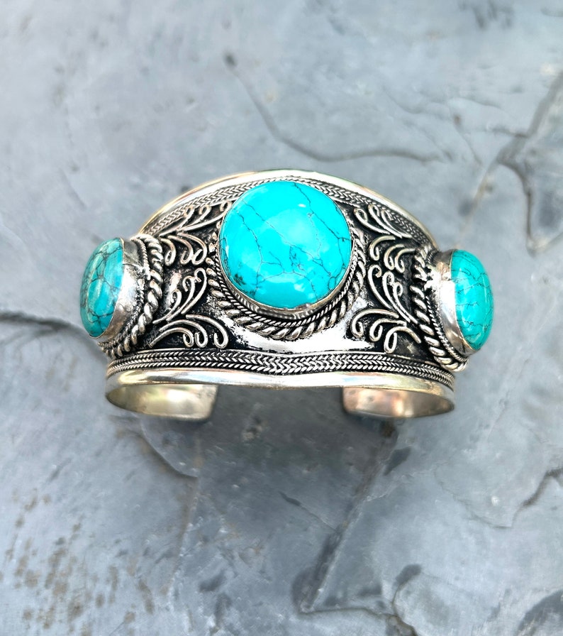 Turquoise Cuff Bracelet Natural Turquoise Gemstone Bracelet Boho Cuff Handmade in Nepal Gift for Her #7