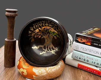 Cuenco tibetano - Cuenco del Árbol de la Vida con estuche para meditación, sonido, paz y amor. Yoga y sanación de chakras. Hecho a mano en Nepal.