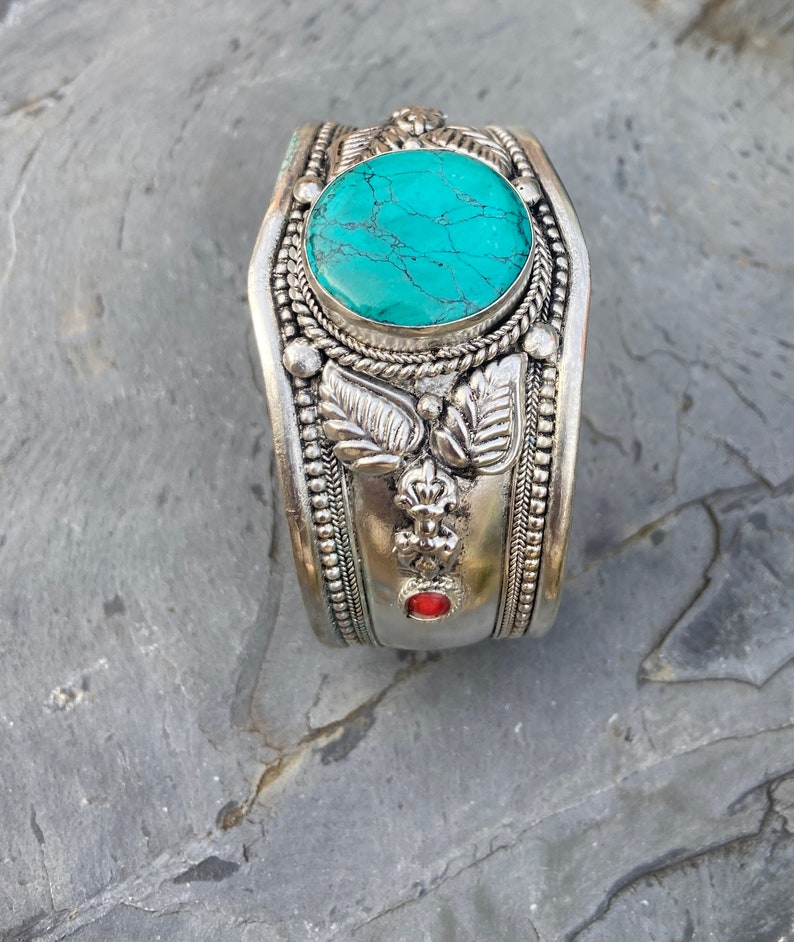 Turquoise Cuff Bracelet Natural Turquoise Gemstone Bracelet Boho Cuff Handmade in Nepal Gift for Her #6