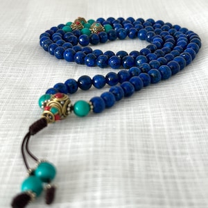 8mm Lapis Lazuli Stone Mala Beads Necklace with Tibetan Turquoise Counters , Meditation Japa Mala, Prayer Mala - Handmade in Nepal