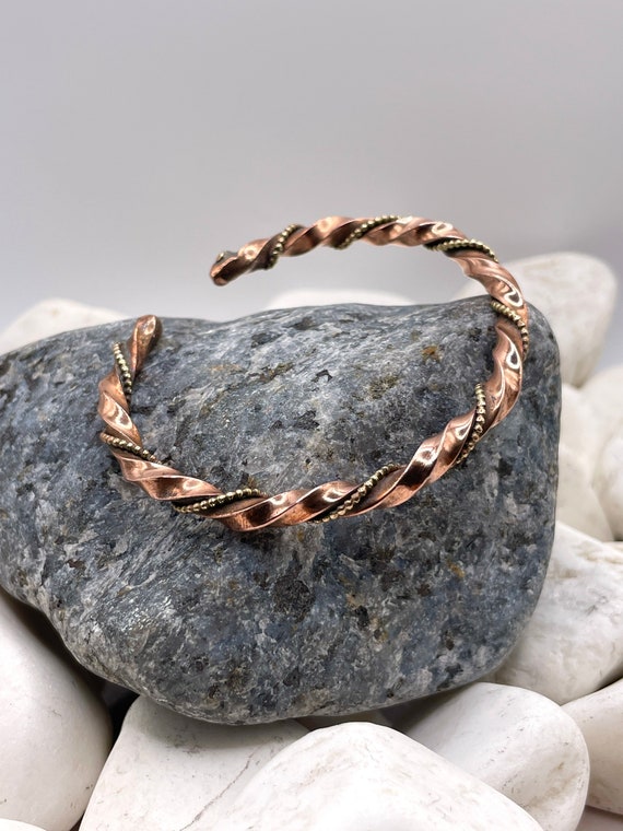 Bracelet Manchette Cuivre Pur Oxydé Fait Main - Large 12 Mm - Bijou Homme/Femme - Inde