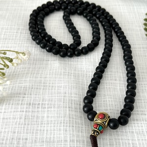 Black Onyx Matt Stone 8mm 108 Beads Mala Necklace with Tibetan Turquoise Counters , Meditation Healing Mala Japa Mala, Buddhist Prayer Mala