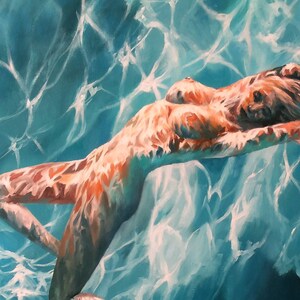 Large Original oil painting Nude, naked girl in the swimming pool under water. Erotic Female Art fantasy imagination. Turquoise pool. image 1