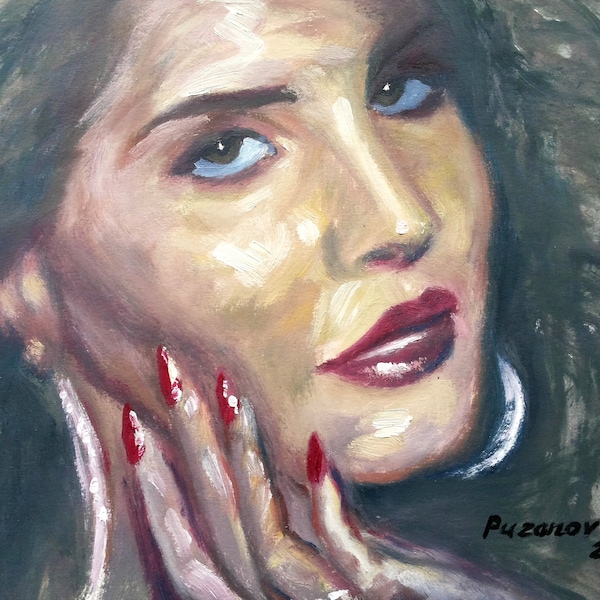 Original oil painting Lana Del Rey portrait Young and beautiful Delicate subtle colors Pop music Movie actress songstress poetess