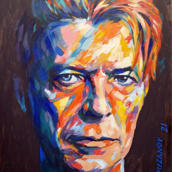 Original oil painting David Bowie portrait Ziggy Stardust Abstract Impressionism Singer musician poet Psychedelic glam Rock music