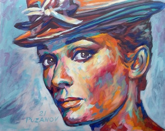Audrey Hepburn portrait Original oil painting. Spontaneous realism, Impressionism expressionism pop art. Movie actress.